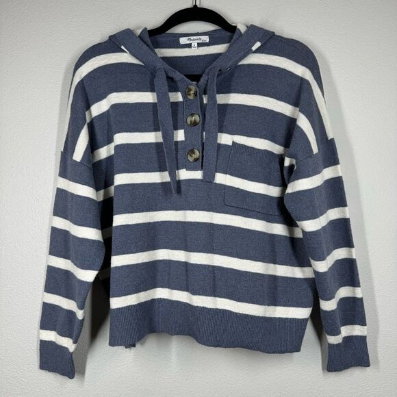 Madewell Striped Olney Henley Hoodie Sweater Blue White Stripe Women’s Medium - Picture 1 of 6